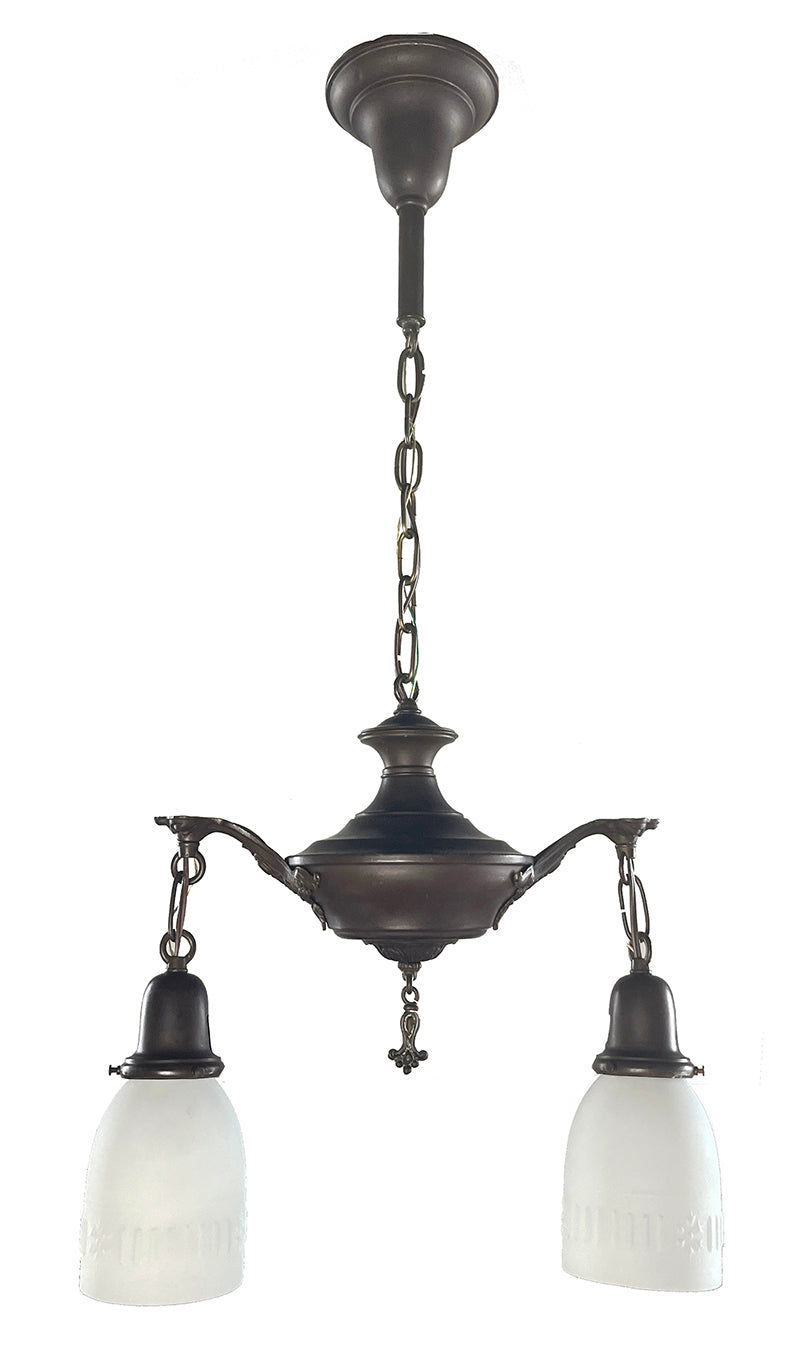 Antique Circa 1920 Two Light Edwardian Pan with Cast Acathus Arms and Opal Shades