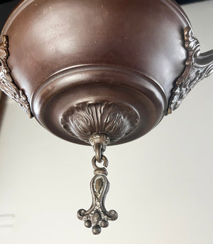 Antique Circa 1920 Two Light Edwardian Pan with Cast Acathus Arms and Opal Shades