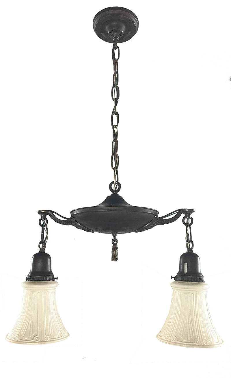 Antique Circa 1920 Two Light Edwardian Pan with Ringed Center Body and Cast Arms