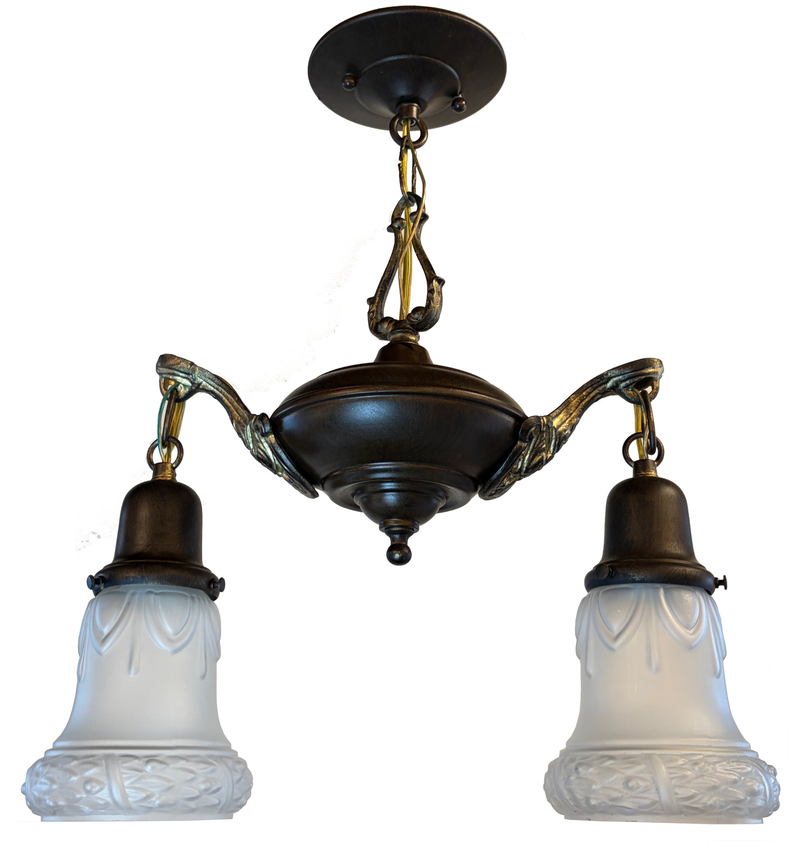 Antique Circa 1920 Two Light Pan with Gold Arms and Antique Wreath Border Shades