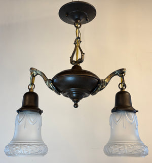 Antique Circa 1920 Two Light Pan with Gold Arms and Antique Wreath Border Shades
