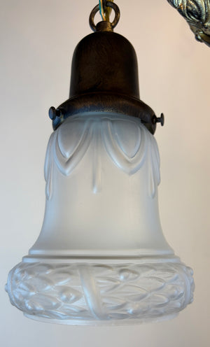 Antique Circa 1920 Two Light Pan with Gold Arms and Antique Wreath Border Shades