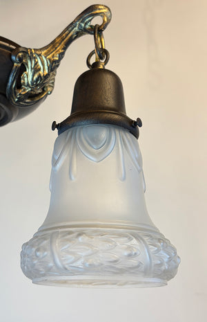 Antique Circa 1920 Two Light Pan with Gold Arms and Antique Wreath Border Shades