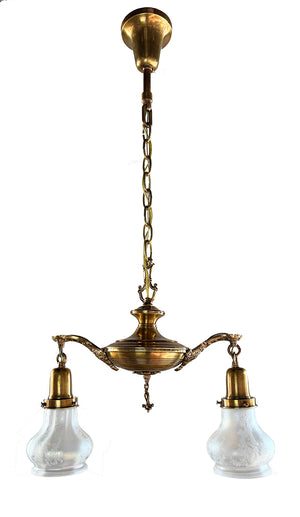 Antique Circa 1920 Two Light Edwardian Pan with Ringed Center Body and Original Antique Acid Etched Shades