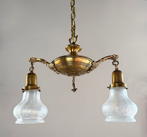 Antique Circa 1920 Two Light Edwardian Pan with Ringed Center Body and Original Antique Acid Etched Shades