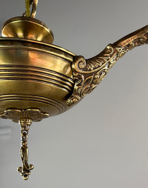 Antique Circa 1920 Two Light Edwardian Pan with Ringed Center Body and Original Antique Acid Etched Shades