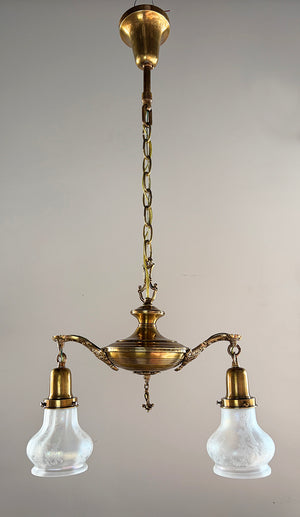 Antique Circa 1920 Two Light Edwardian Pan with Ringed Center Body and Original Antique Acid Etched Shades