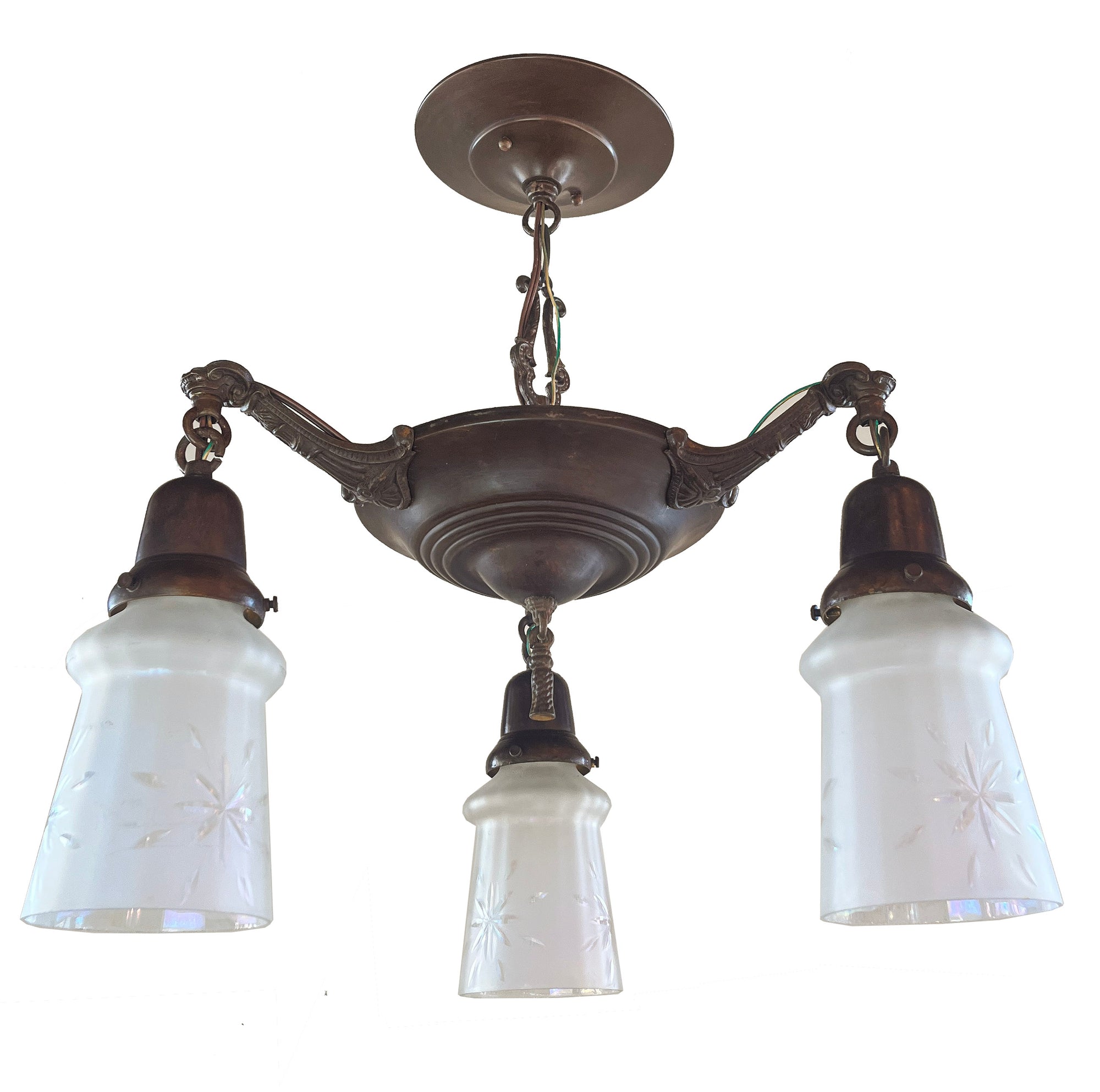 Antique Circa 1920 Three Light Pan with Neo Classical Arms and Antique Star Cut Shades