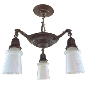 Antique Circa 1920 Three Light Pan with Neo Classical Arms and Antique Star Cut Shades