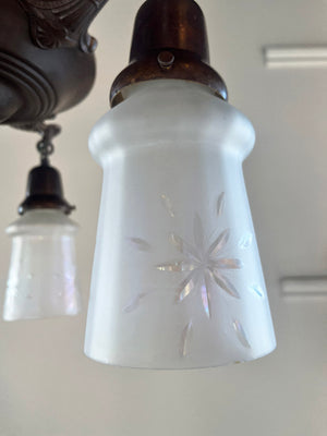 Antique Circa 1920 Three Light Pan with Neo Classical Arms and Antique Star Cut Shades