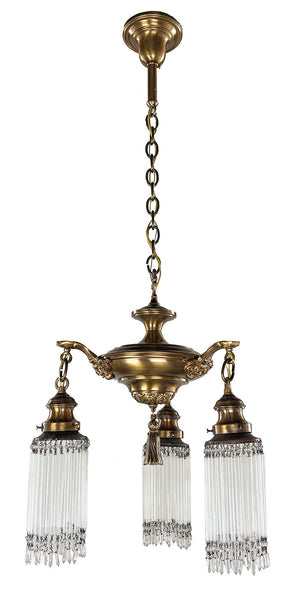 Antique Circa 1920 Three Light Edwardian Pan Light with Cast Neo Classical Arms and Antique Glass Strand Shades