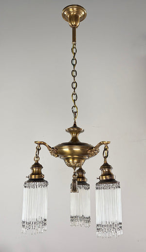 Antique Circa 1920 Three Light Edwardian Pan Light with Cast Neo Classical Arms and Antique Glass Strand Shades