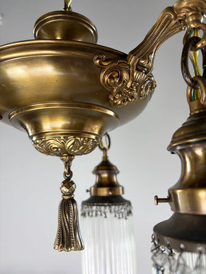 Antique Circa 1920 Three Light Edwardian Pan Light with Cast Neo Classical Arms and Antique Glass Strand Shades