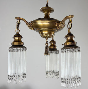 Antique Circa 1920 Three Light Edwardian Pan Light with Cast Neo Classical Arms and Antique Glass Strand Shades