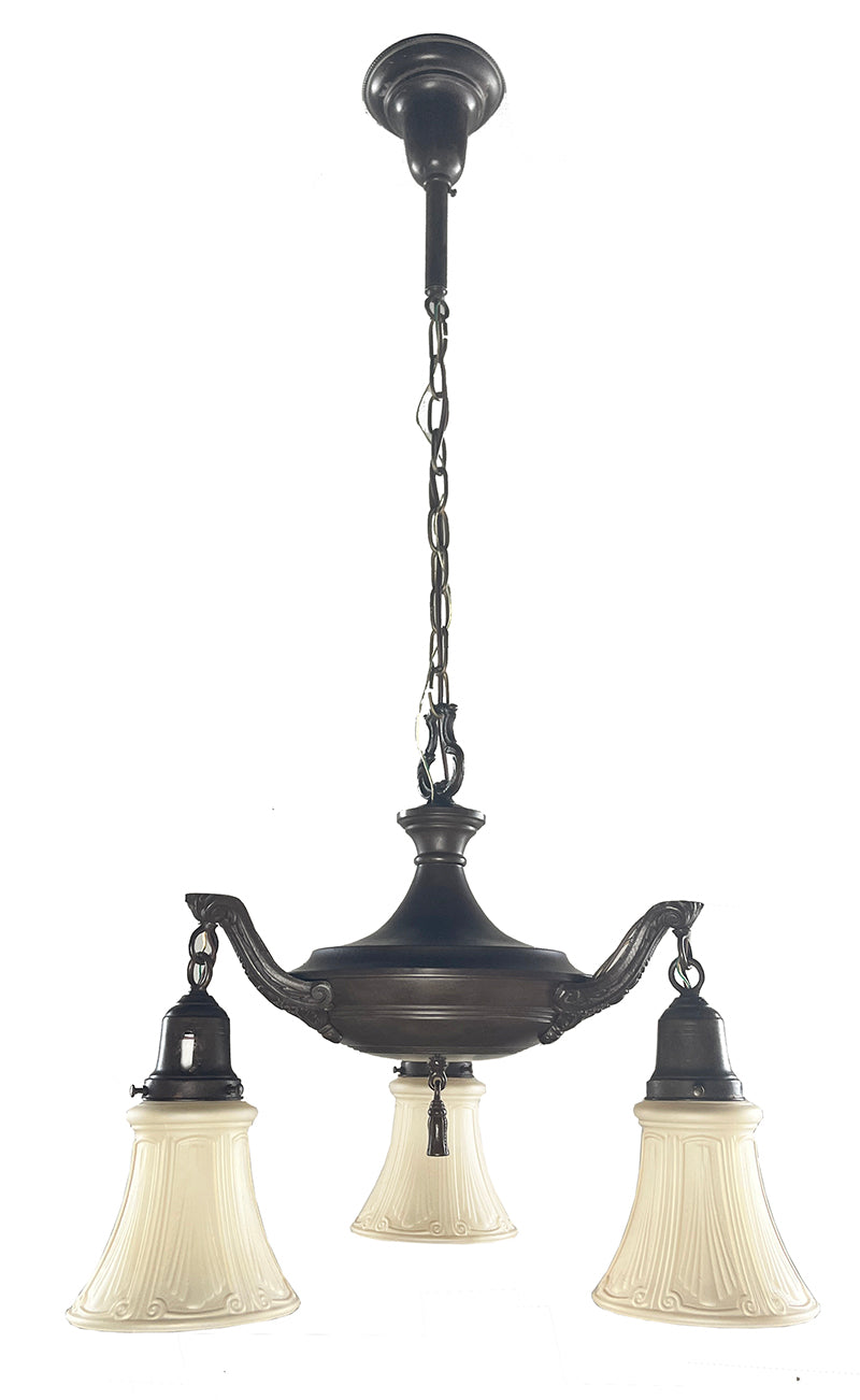 Antique Circa 1920 Three Light Cast Arm Pan with Ringed Center Body