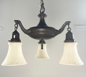 Antique Circa 1920 Three Light Cast Arm Pan with Ringed Center Body