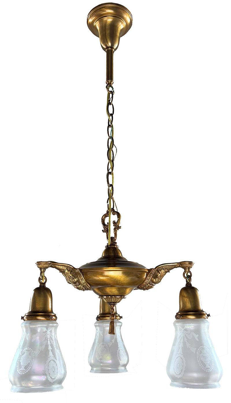 Antique Circa 1920 Three Light Edwardian Pan Light with Original Acid Etched iridescent Shades