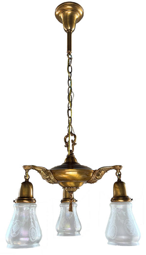 Antique Circa 1920 Three Light Edwardian Pan Light with Original Acid Etched iridescent Shades