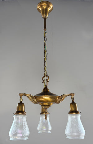 Antique Circa 1920 Three Light Edwardian Pan Light with Original Acid Etched iridescent Shades