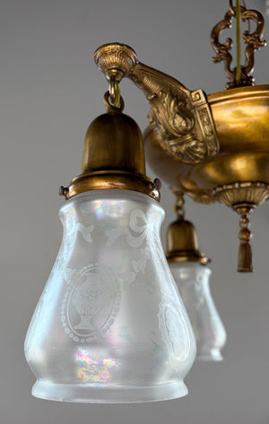 Antique Circa 1920 Three Light Edwardian Pan Light with Original Acid Etched iridescent Shades