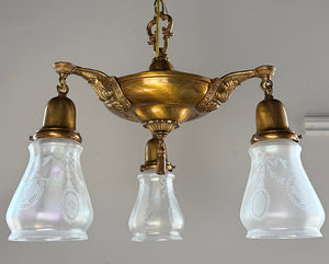 Antique Circa 1920 Three Light Edwardian Pan Light with Original Acid Etched iridescent Shades