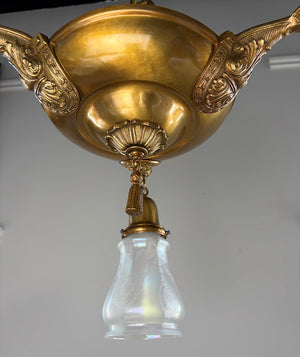 Antique Circa 1920 Three Light Edwardian Pan Light with Original Acid Etched iridescent Shades