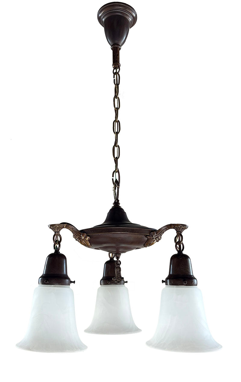 Antique Circa 1920 Three Light Edwardian Pan Light with Cast Acanthus Arms