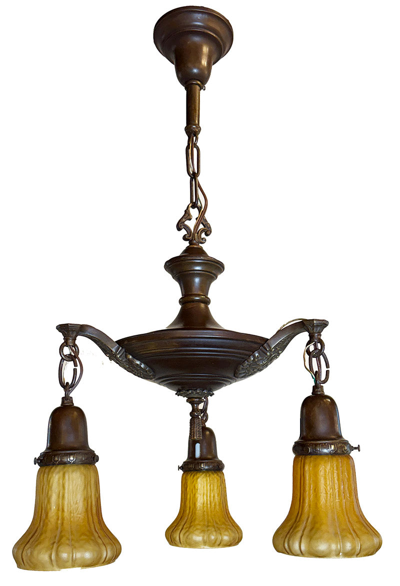 Antique Circa 1920 Three Light Cast Arm Pan Light with Antique Amber Shades