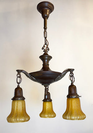 Antique Circa 1920 Three Light Cast Arm Pan Light with Antique Amber Shades
