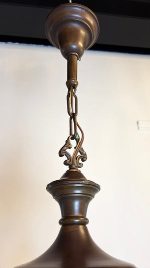 Antique Circa 1920 Three Light Cast Arm Pan Light with Antique Amber Shades
