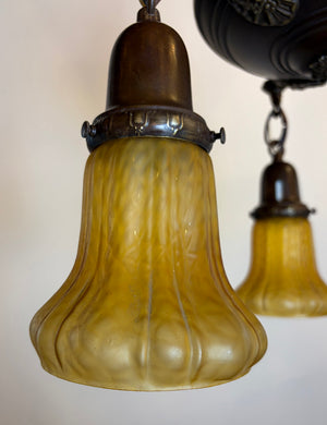 Antique Circa 1920 Three Light Cast Arm Pan Light with Antique Amber Shades