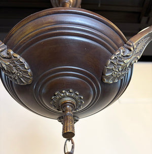 Antique Circa 1920 Three Light Cast Arm Pan Light with Antique Amber Shades