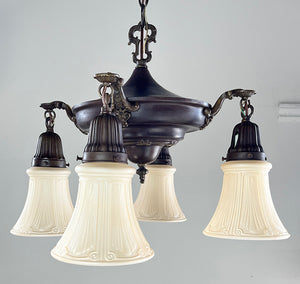Antique Circa 1920 Four Light Pan with Cast Scroll and Floral Arms and Embossed Floral Border