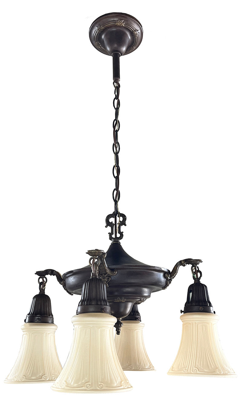 Antique Circa 1920 Four Light Pan with Cast Scroll and Floral Arms and Embossed Floral Border