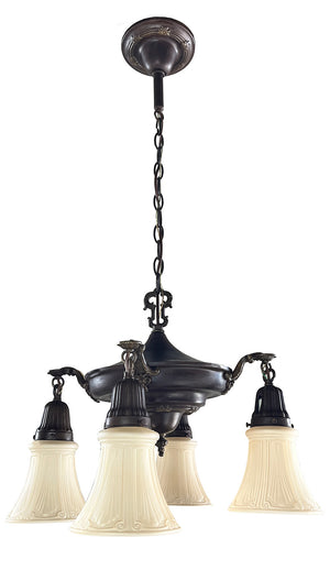 Antique Circa 1920 Four Light Pan with Cast Scroll and Floral Arms and Embossed Floral Border
