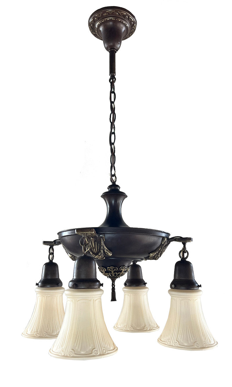 Antique Circa 1920 Four Light Neo Classical Pan Fixture with Cast Urn and Garland Arms