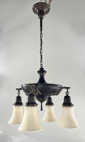 Antique Circa 1920 Four Light Neo Classical Pan Fixture with Cast Urn and Garland Arms