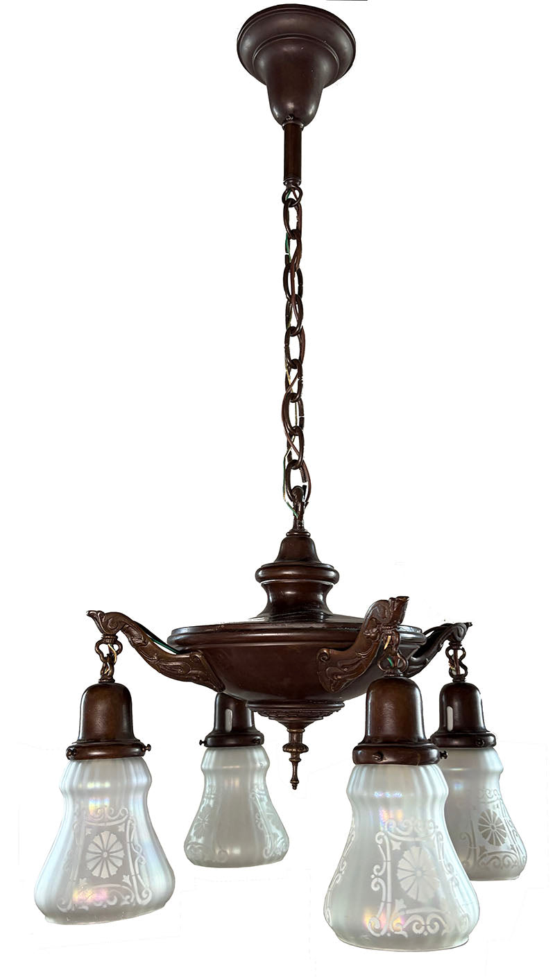 Antique Circa 1920 Four Light Edwardian Pan Light with Antique Etched Iridescent Shades