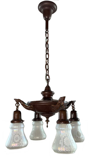 Antique Circa 1920 Four Light Edwardian Pan Light with Antique Etched Iridescent Shades