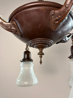 Antique Circa 1920 Four Light Edwardian Pan Light with Antique Etched Iridescent Shades