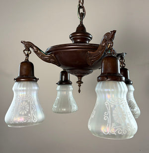 Antique Circa 1920 Four Light Edwardian Pan Light with Antique Etched Iridescent Shades