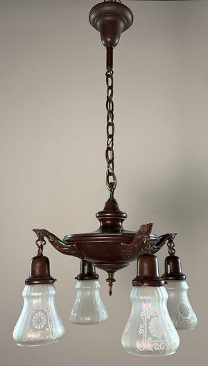Antique Circa 1920 Four Light Edwardian Pan Light with Antique Etched Iridescent Shades