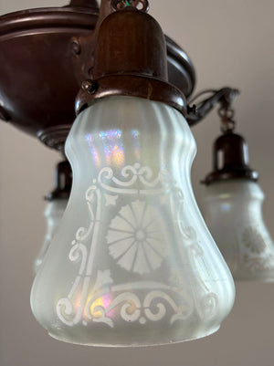 Antique Circa 1920 Four Light Edwardian Pan Light with Antique Etched Iridescent Shades