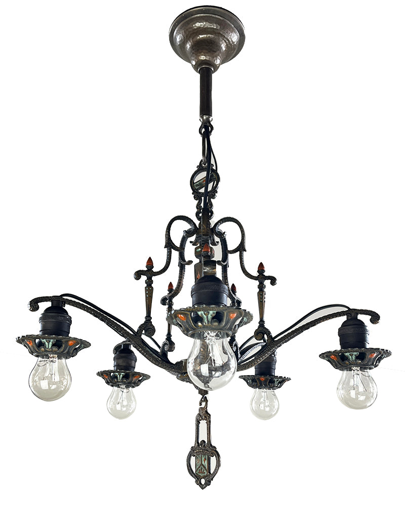 Antique Circa 1920 Five Light Tudor Revival Fixture with Original Polycrhome Finish