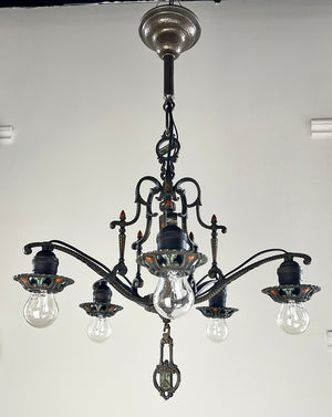 Antique Circa 1920 Five Light Tudor Revival Fixture with Original Polycrhome Finish