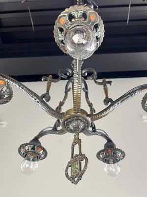 Antique Circa 1920 Five Light Tudor Revival Fixture with Original Polycrhome Finish