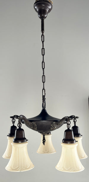 Antique Circa 1920 Five Light Edwardian Pan Fixture with Cast Acanthus and Lattice Arms