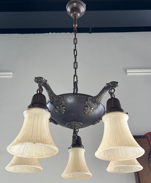 Antique Circa 1920 Five Light Edwardian Pan Fixture with Cast Acanthus and Lattice Arms