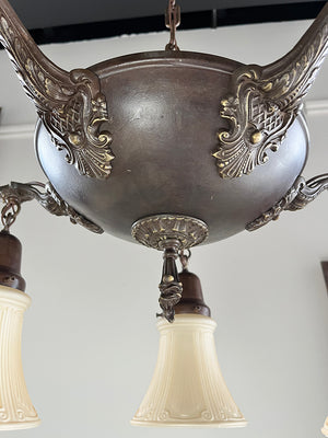 Antique Circa 1920 Five Light Edwardian Pan Fixture with Cast Acanthus and Lattice Arms