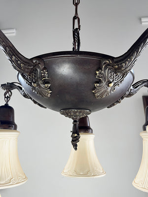 Antique Circa 1920 Five Light Edwardian Pan Fixture with Cast Acanthus and Lattice Arms
